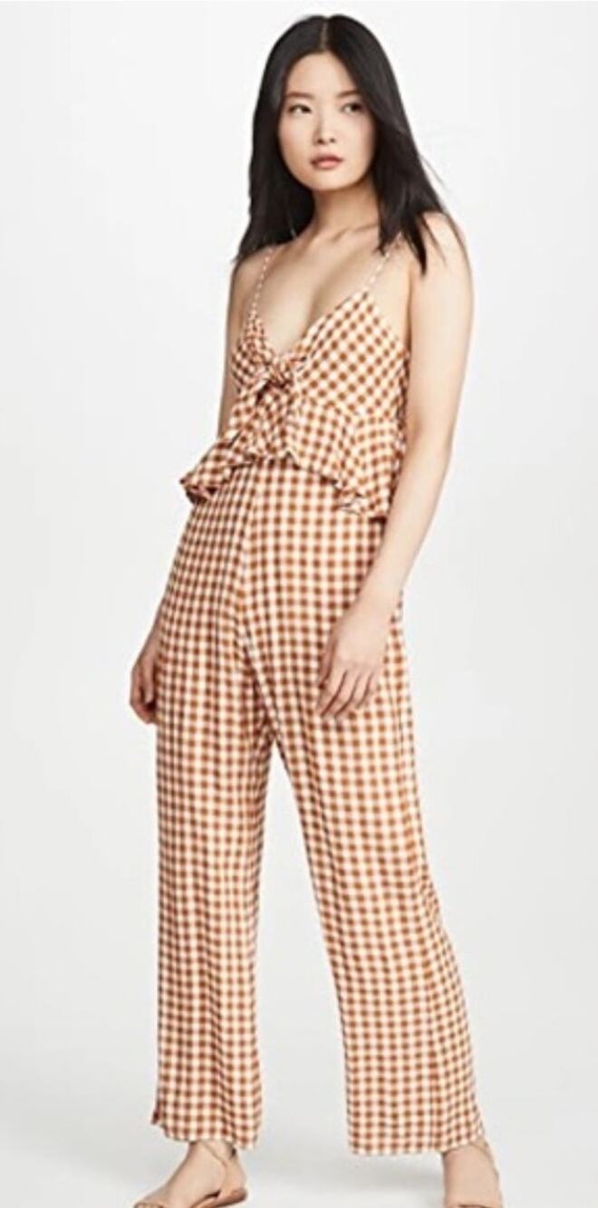 Saylor Laken Burnt Orange and White Gingham Zip Tie Front L Jumpsuit MSRP $253